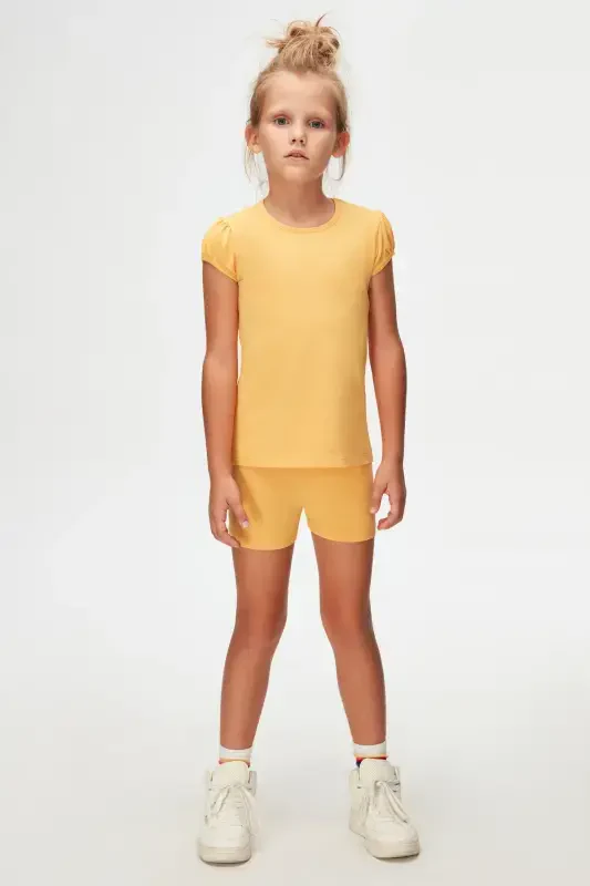 Melon Yellow Basic Girl Kids Zero Collar Watermelon Sleeve T-Shirt-AMBER - 1