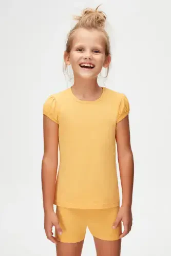 Melon Yellow Basic Girl Kids Zero Collar Watermelon Sleeve T-Shirt-AMBER - LOVETTI (1)