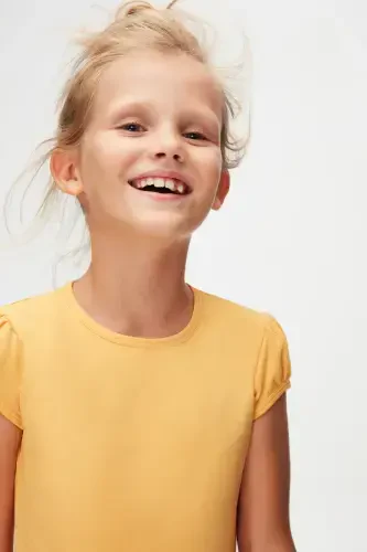 Melon Yellow Basic Girl Kids Zero Collar Watermelon Sleeve T-Shirt-AMBER - 3