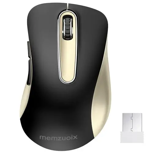 memzuoix 2.4G Wireless Mouse, 1400 DPI Computer Mice with USB Receiver, Portable Wireless USB Battery Powered Cordless Mouse for Laptop, PC, Desktop, 5 Buttons (Black Gold) - 1