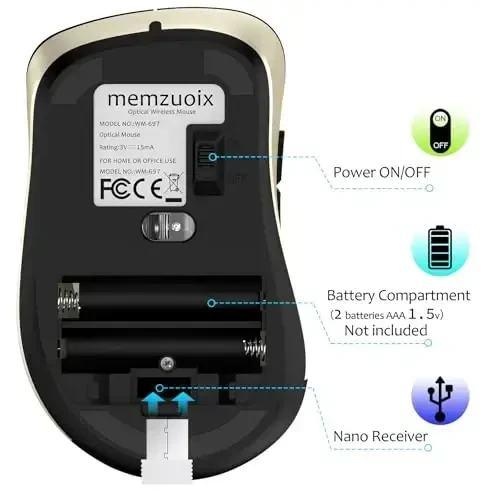 memzuoix 2.4G Wireless Mouse, 1400 DPI Computer Mice with USB Receiver, Portable Wireless USB Battery Powered Cordless Mouse for Laptop, PC, Desktop, 5 Buttons (Black Gold) - 7