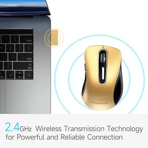 memzuoix 2.4G Wireless Mouse, 1400 DPI Mobile Optical Cordless Mouse with USB Receiver, Portable Computer Mice Wireless Mice for Laptop, PC, Desktop, MacBook, 5 Buttons (Gold) - 2
