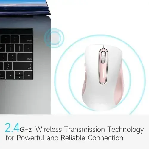 memzuoix 2.4G Wireless Mouse, 1400 DPI Computer Mice with USB Receiver, Portable Wireless USB Mouse Battery Powered Cordless Mice for Laptop, PC, Desktop, 5 Buttons (White Pink) - 2