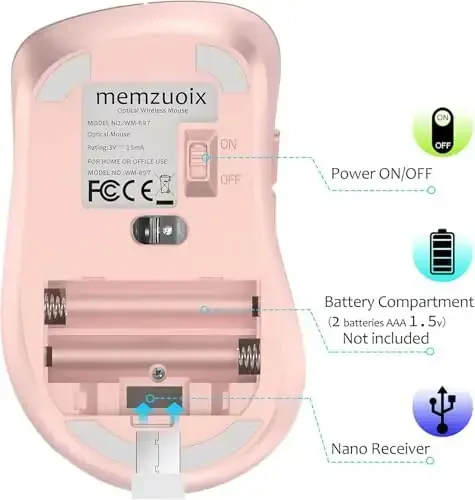 memzuoix 2.4G Wireless Mouse, 1400 DPI Computer Mice with USB Receiver, Portable Wireless USB Mouse Battery Powered Cordless Mice for Laptop, PC, Desktop, 5 Buttons (White Pink) - 7
