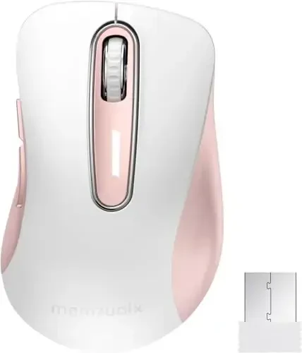 memzuoix 2.4G Wireless Mouse, 1400 DPI Computer Mice with USB Receiver, Portable Wireless USB Mouse Battery Powered Cordless Mice for Laptop, PC, Desktop, 5 Buttons (White Pink) 