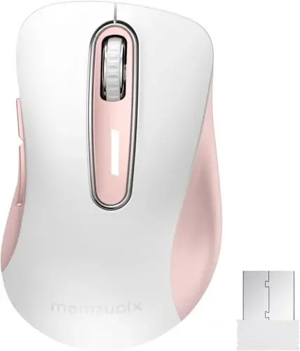 memzuoix 2.4G Wireless Mouse, 1400 DPI Computer Mice with USB Receiver, Portable Wireless USB Mouse Battery Powered Cordless Mice for Laptop, PC, Desktop, 5 Buttons (White Pink) - 1