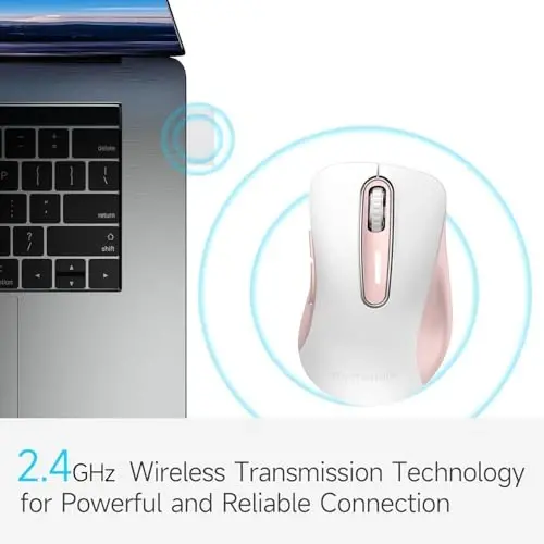 memzuoix 2.4G Wireless Mouse, 1400 DPI Computer Mice with USB Receiver, Portable Wireless USB Mouse Battery Powered Cordless Mice for Laptop, PC, Desktop, 5 Buttons (White Pink) - 2