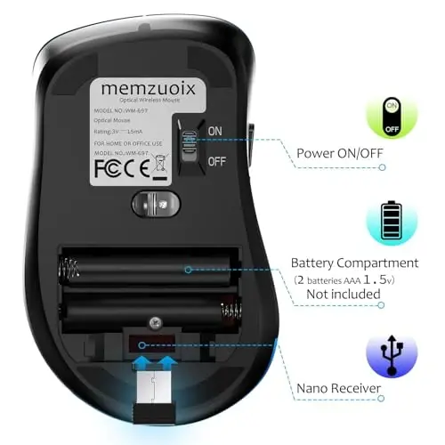 memzuoix 2.4G Wireless Mouse, 1400 DPI Computer Mice with USB Receiver, Portable Wireless USB Mouse Battery Powered Cordless Mice for Laptop, PC, Desktop, 5 Buttons, Purple - 2