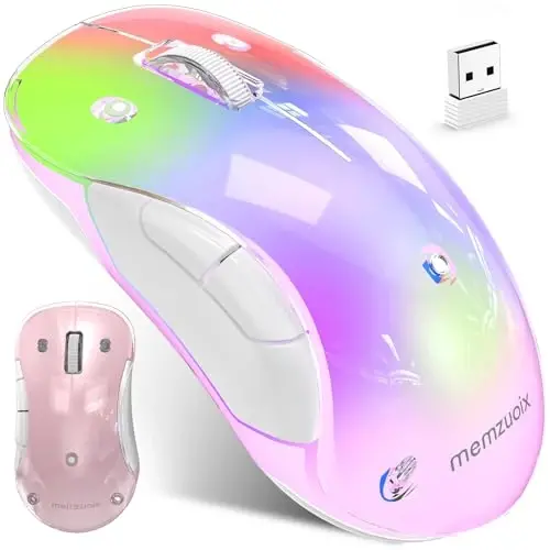 memzuoix 2.4G LED Wireless Mouse, Rechargeable Ergonomic Mouse with Detachable Cover, 1200 DPI Portable Optical Computer Mouse with USB Receiver for Laptop, PC, Desktop and MacBook, 5 Buttons-Pink - 5