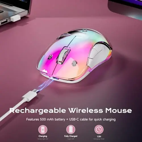 memzuoix 2.4G LED Wireless Mouse, Rechargeable Ergonomic Mouse with Detachable Cover, 1400 DPI Portable Optical Computer Mouse with USB Receiver for Laptop, PC, Desktop and MacBook, 5 Buttons-Pink - 3