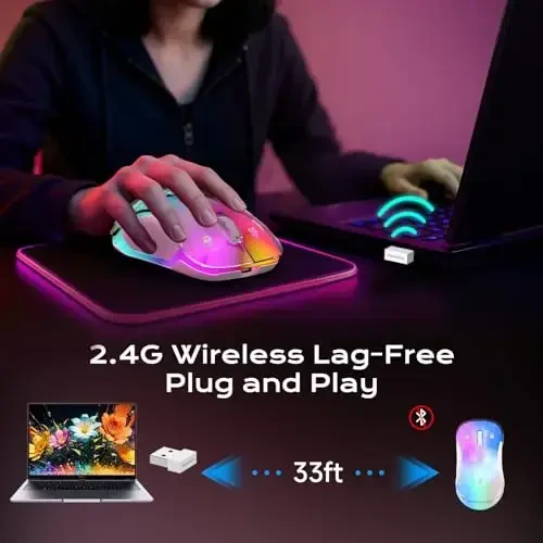 memzuoix 2.4G LED Wireless Mouse, Rechargeable Ergonomic Mouse with Detachable Cover, 1200 DPI Portable Optical Computer Mouse with USB Receiver for Laptop, PC, Desktop and MacBook, 5 Buttons-Pink - 5