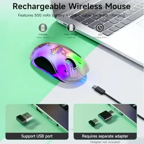 memzuoix 2.4G LED Wireless Mouse, Rechargeable Ergonomic Mouse with Detachable Cover, 1200 DPI Portable Optical Computer Mouse with USB Receiver for Laptop/PC/Desktop/MacBook, 5 Buttons-with Stickers - 4