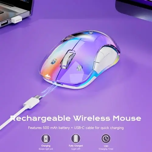 memzuoix 2.4G LED Wireless Mouse, Rechargeable Ergonomic Mouse with Detachable Cover, 1400 DPI Portable Optical Computer Mouse with USB Receiver for Laptop, PC, Desktop and MacBook, 5 Buttons-Purple - 4