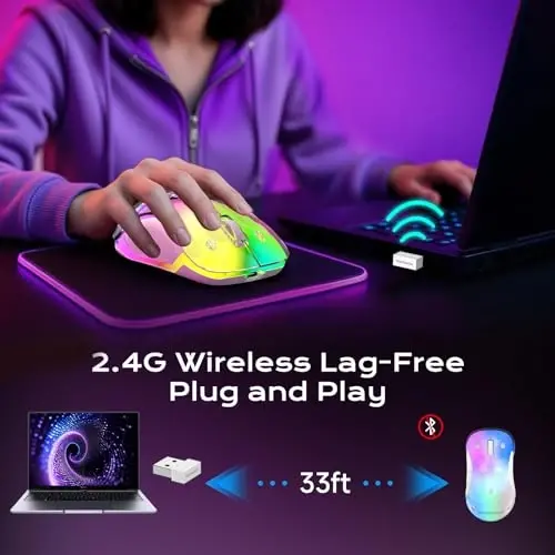 memzuoix 2.4G LED Wireless Mouse, Rechargeable Ergonomic Mouse with Detachable Cover, 1400 DPI Portable Optical Computer Mouse with USB Receiver for Laptop, PC, Desktop and MacBook, 5 Buttons-Purple - 6