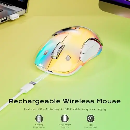 memzuoix 2.4G LED Wireless Mouse, Rechargeable Ergonomic Mouse with Detachable Cover, 1400 DPI Portable Optical Computer Mouse with USB Receiver for Laptop, PC, Desktop and MacBook, 5 Buttons-Yellow - 4