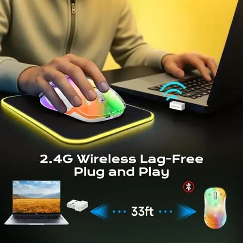 memzuoix 2.4G LED Wireless Mouse, Rechargeable Ergonomic Mouse with Detachable Cover, 1400 DPI Portable Optical Computer Mouse with USB Receiver for Laptop, PC, Desktop and MacBook, 5 Buttons-Yellow - 6