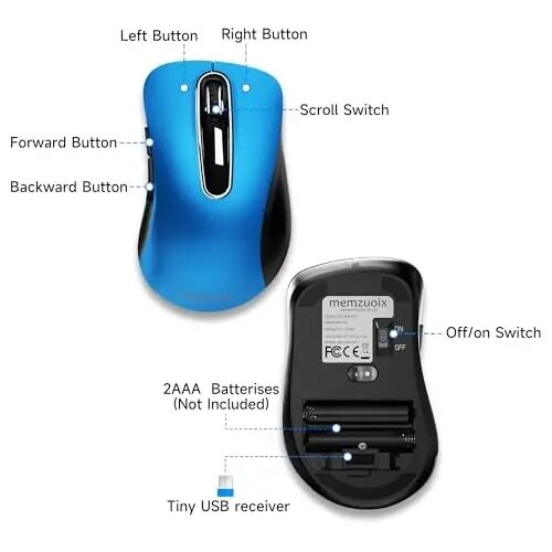 memzuoix 2.4G Portable Wireless Mouse, 1400 DPI Mobile Optical Cordless Mice with USB Receiver for Computer, Laptop, PC, Desktop, MacBook, 5 Buttons, Blue - 3