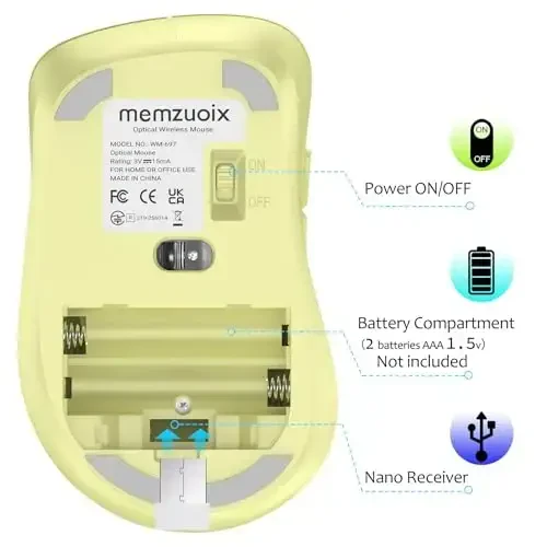 memzuoix 2.4G simsiz sichqonchasi, 1400 DPI kompyuter sichqonchasi USB qabul qiluvchi, portativ simsiz USB sichqonchasi batareyasi bilan ishlaydigan simsiz sichqonchalar noutbuk, kompyuter, ish stoli uchun, 5 tugma (ochiq sariq) - 6