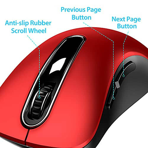 Memzuoix 2.4G Wireless Mouse, 1200 DPI Mobile Optical Cordless Mouse with USB Receiver, Portable Computer Mice for Laptop, PC, Desktop, MacBook, 5 Buttons, Red - 3