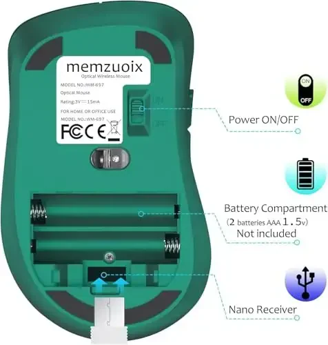 memzuoix 2.4G Wireless Mouse, 1400 DPI Computer Mice USB Receiver, Portable Wireless USB Mouse Battery Powered Cordless Mice for Laptop, PC, Desktop, 5 Buttons (Dark Green) - 7