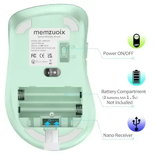 memzuoix 2.4G Wireless Mouse, 1400 DPI Computer Mice USB Receiver, Portable Wireless USB Mouse Battery Powered Cordless Mice for Laptop, PC, Desktop, 5 Buttons (Light Green) - 6