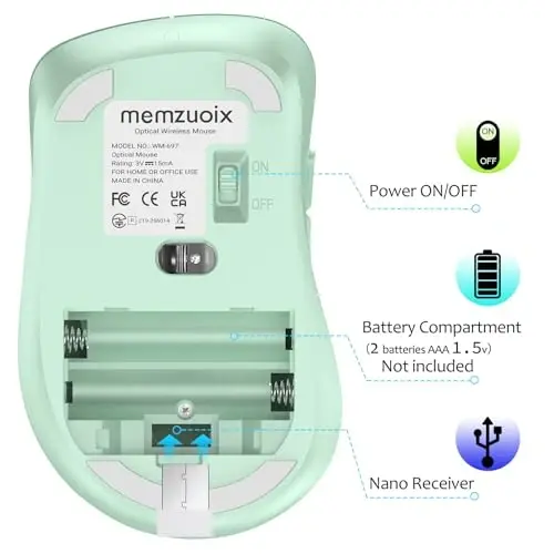 memzuoix 2.4G Wireless Mouse, 1400 DPI Computer Mice USB Receiver, Portable Wireless USB Mouse Battery Powered Cordless Mice for Laptop, PC, Desktop, 5 Buttons (Light Green) - 6