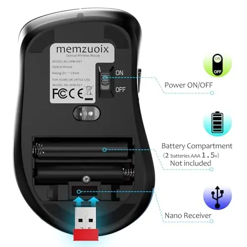 memzuoix 2.4G Wireless Mouse, 1400 DPI Computer Mice with USB Receiver, Portable Wireless USB Battery Powered Cordless Mouse for Laptop, PC, Desktop, 5 Buttons (Matte Black) - MEMZUOIX