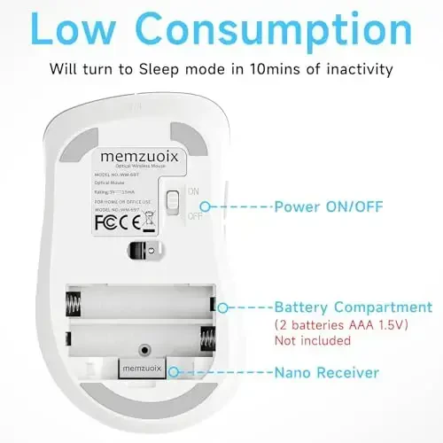 memzuoix 2.4G Wireless Mouse, 1400 DPI Computer Mice with USB Receiver, Portable Wireless USB Mouse Battery Powered Cordless Mice for Laptop, PC, Desktop, 5 Buttons (White) - 5