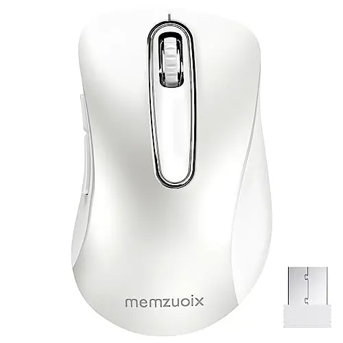 memzuoix 2.4G Wireless Mouse, 1400 DPI Computer Mice with USB Receiver, Portable Wireless USB Mouse Battery Powered Cordless Mice for Laptop, PC, Desktop, 5 Buttons (White) - 5