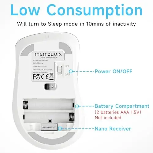 memzuoix 2.4G Wireless Mouse, 1400 DPI Computer Mice with USB Receiver, Portable Wireless USB Mouse Battery Powered Cordless Mice for Laptop, PC, Desktop, 5 Buttons (White) - 1