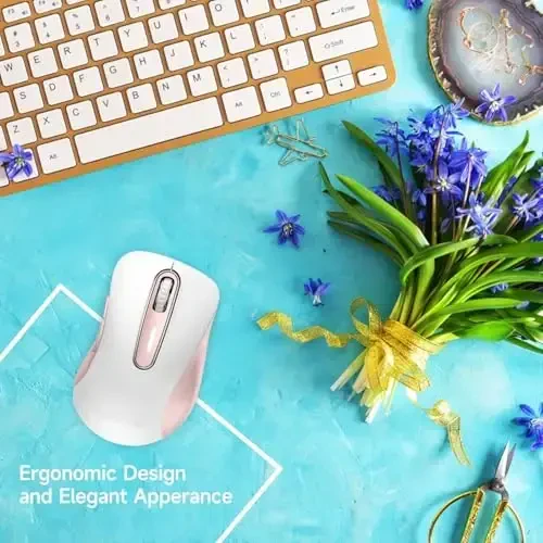 memzuoix 2.4G Wireless Mouse, 1400 DPI Computer Mice with USB Receiver, Portable Wireless USB Mouse Battery Powered Cordless Mice for Laptop, PC, Desktop, 5 Buttons (White Pink) - 6