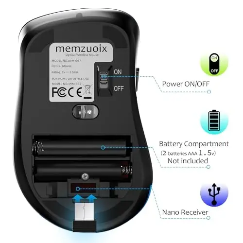 memzuoix 2.4G Wireless Mouse, 1400 DPI Mobile Optical Cordless Mouse with USB Receiver, Portable Computer Mice Wireless Mice for Laptop, PC, Desktop, MacBook, 5 Buttons (Gunmetal) - 5