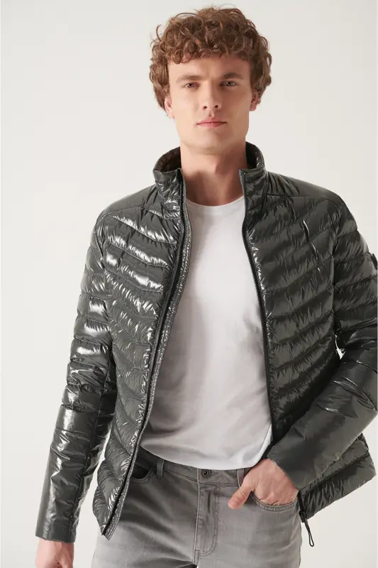 Men Anthracite Puffy Unisex Down Jacket Water Repellent Windproof Shiny Comfort Fit E006015 - 4