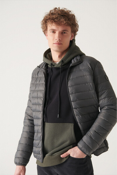 Men Anthracite Stand Collar Lightweight Windproof Comfort Fit Relaxed Fit Puffer Sports Jacket E006000 - 8