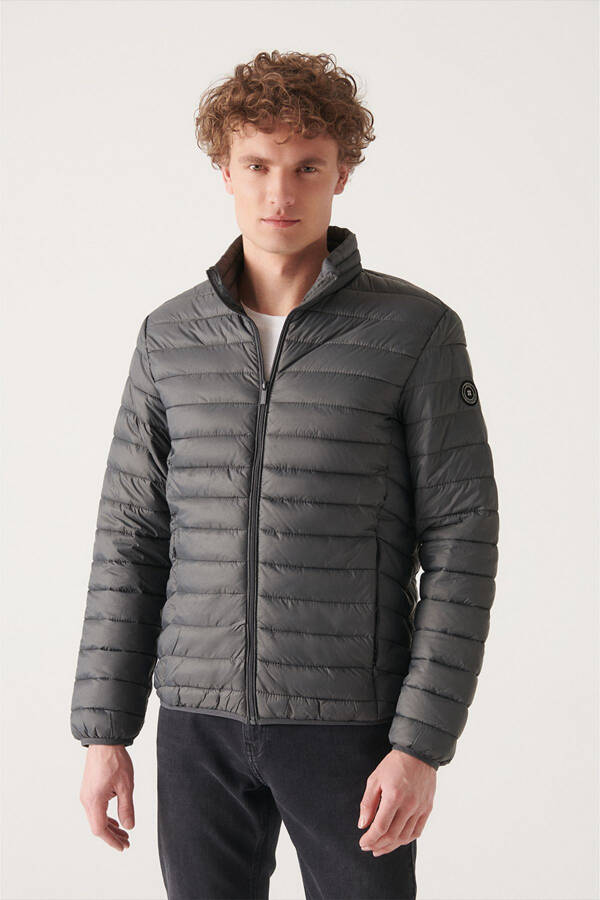 Men Anthracite Stand Collar Lightweight Windproof Comfort Fit Relaxed Fit Puffer Sports Jacket E006000 - 1