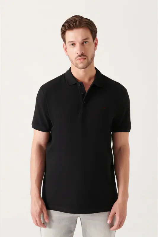 Men Black 100% Cotton Cooling Polo Neck T-shirt E001004-Black - 1