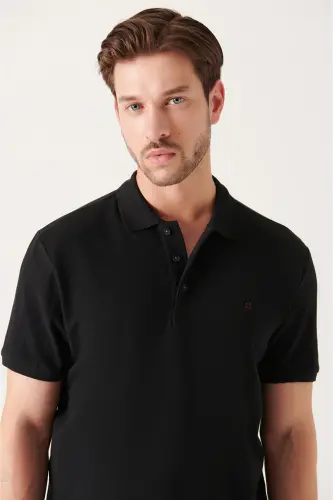Men Black 100% Cotton Cooling Polo Neck T-shirt E001004-Black - AVVA (1)