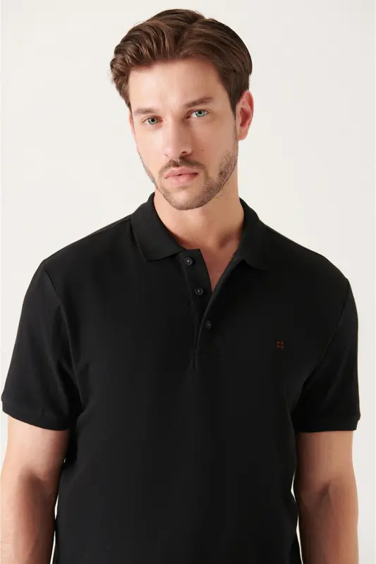 Men Black 100% Cotton Cooling Polo Neck T-shirt E001004-Black - 2