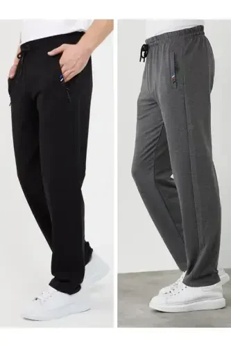 Men Black-anthracite 2-piece Sweatpants Zipper Pocket Embroidery Detailed Straight Leg Relaxed Fit-Black - 1