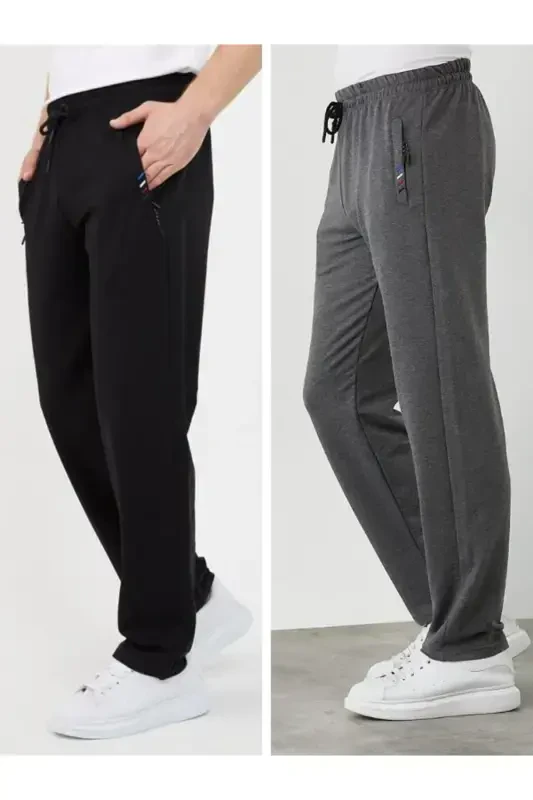 Men Black-anthracite 2-piece Sweatpants Zipper Pocket Embroidery Detailed Straight Leg Relaxed Fit-Black - 1
