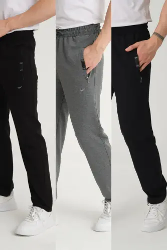 Men Black - Anthracite - Navy Relaxed Fit Straight Leg Embroidered Detail Jersey Fabric Sweatpants-Black 