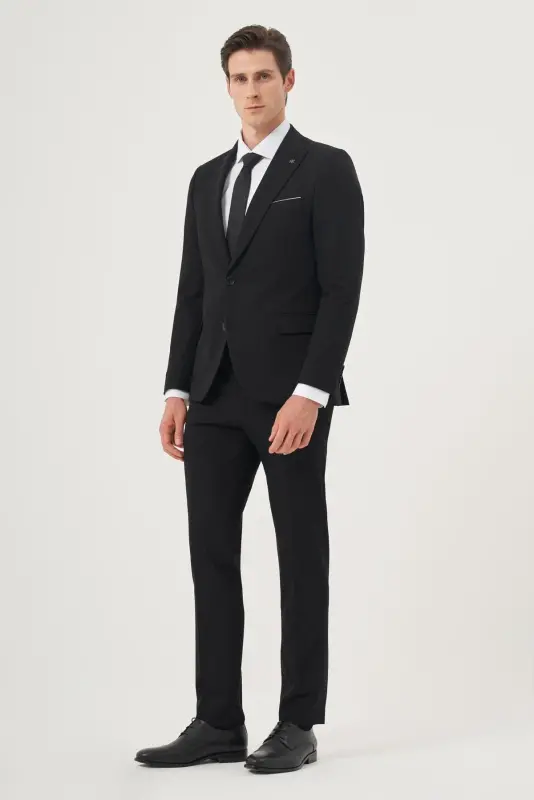 Men Black Basic Plain Slim Fit Narrow Cut Size 6 Suit - 3
