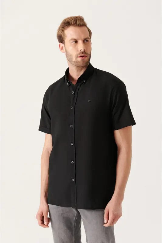 Men Black Button-Down Collar 100% Cotton Slim Fit Short Sleeve Shirt E002210-Black - AVVA