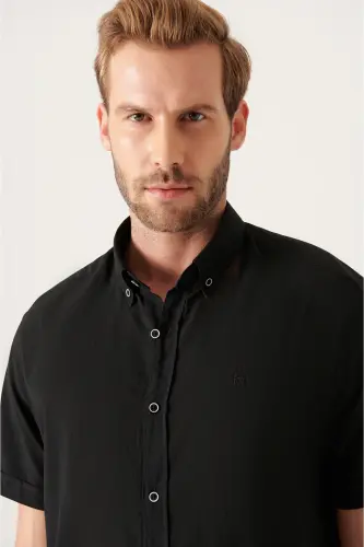 Men Black Button-Down Collar 100% Cotton Slim Fit Short Sleeve Shirt E002210-Black - AVVA (1)