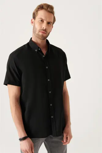 Men Black Button-Down Collar 100% Cotton Slim Fit Short Sleeve Shirt E002210-Black - 3