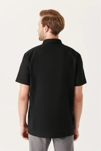 Men Black Button-Down Collar 100% Cotton Slim Fit Short Sleeve Shirt E002210-Black - 4