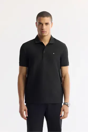 Men Black Buttoned Polo Collar Textured Jacquard T-Shirt A51Y1121 - 1