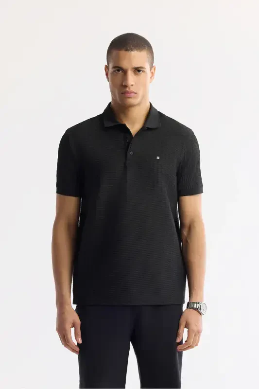 Men Black Buttoned Polo Collar Textured Jacquard T-Shirt A51Y1121 - 1
