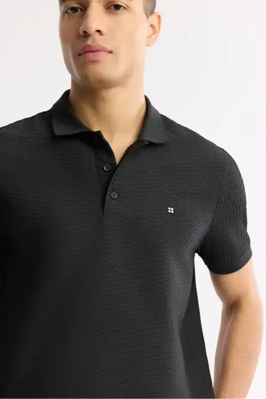 Men Black Buttoned Polo Collar Textured Jacquard T-Shirt A51Y1121 - 2