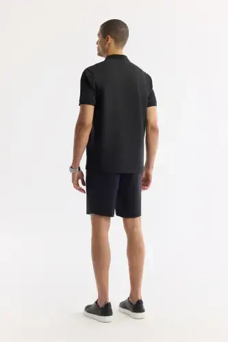 Men Black Buttoned Polo Collar Textured Jacquard T-Shirt A51Y1121 - 4